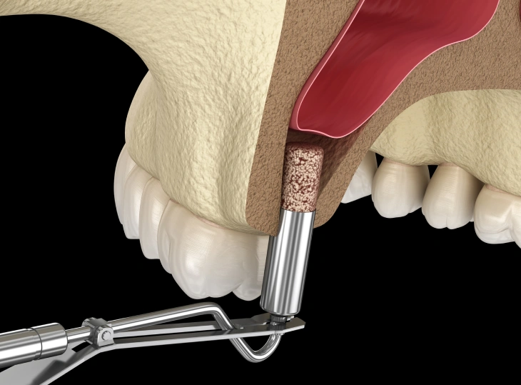 A medical cross-section illustration showing a dental sinus lift procedure, where a metal tool inserts bone graft material into the upper jaw bone beneath the sinus cavity.